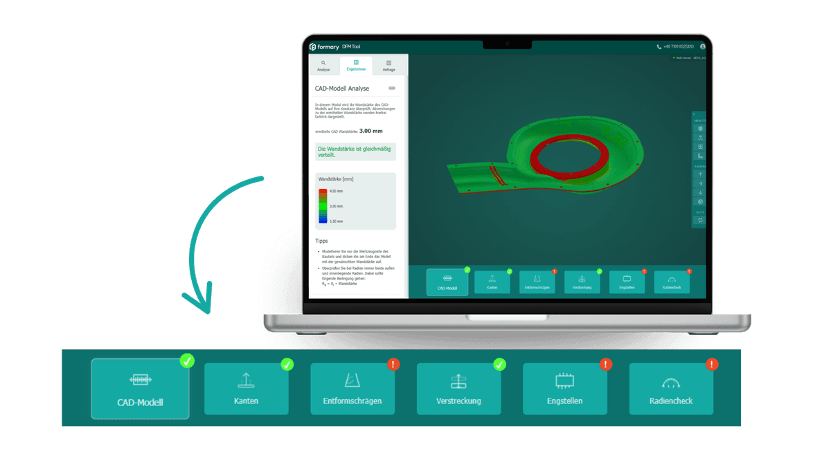 DfM-Analyse Software Mockup für Design for Manufacturing Prüfungen im Tiefziehen