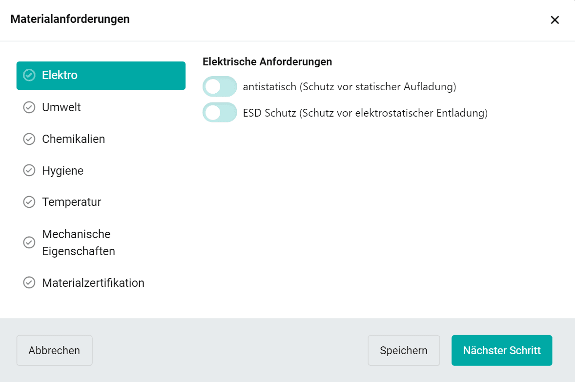 Screenshot der automatisierten Materialvorschläge im Konfigurator