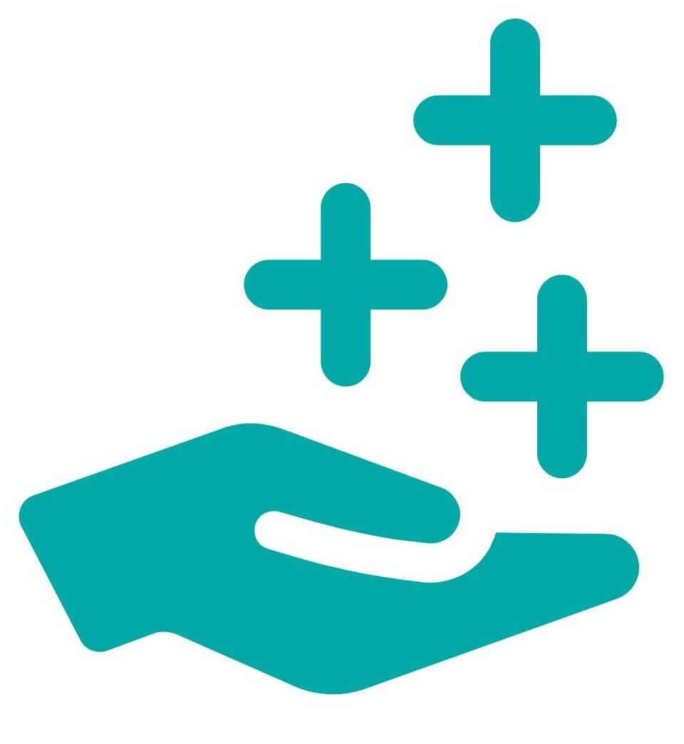 Türkise Hand, über der sich Pluszeichen befinden